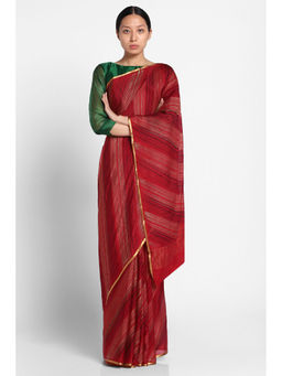 Via East - Maroon Hand Printed Crepe Saree