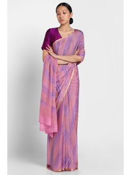 Via East - Pink Hand Printed Crepe Saree