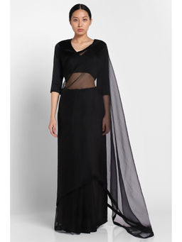 Via East - Black Organza Saree with Satin Piping with Unstitched Blouse