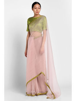 Via East - Blush Pink Organza Saree with Satin Piping with Unstitched Blouse