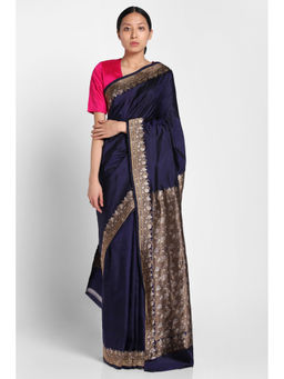 Via East - Navy Blue Parineeta Silk Saree with Unstitched Blouse