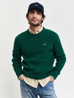 GANT - Men Green Solid Round Neck Full Sleeves Pullover Style Sweater