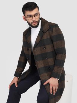 HONNETE - Men Casual Regular Fit Brown Black Check Trench Coat