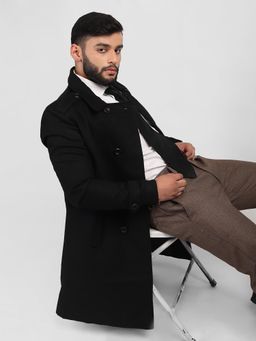 HONNETE - Men Casual Regular Fit Black Trench Coat