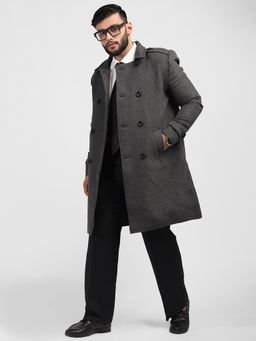 HONNETE - Men Casual Regular Fit Dark Grey Trench Coat