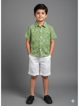THE WISHING CLOSET - Boys Green and White Printed Shirt With Shorts