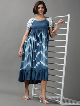 SHOWOFF - Womens Round Neck Tie And Dye Blue Midi Dress