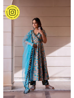 POMCHA - Kapaas Multi-Color Phool Ruffle Angrakha Kurta with Pant and Dupatta (Set of 3)