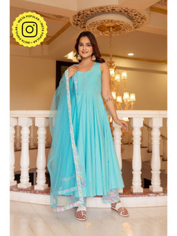 POMCHA - Kapaas Pastel Turquoise Sleeveless Anarkali Kurta with Pant and Dupatta (Set of 3)