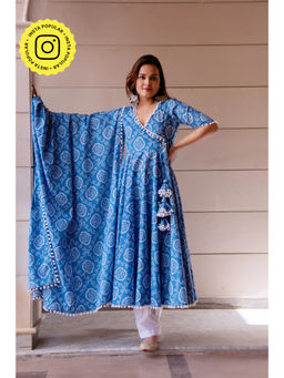 POMCHA - Kapaas Blue Bandhej Angrakha Kurta with Pant and Dupatta (Set of 3)