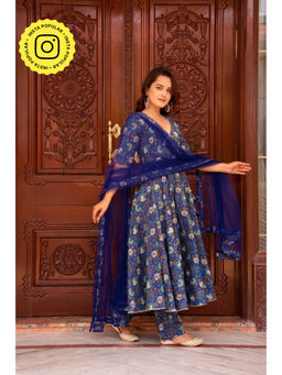 POMCHA - Kapaas Royal Blue Angrakha Kurta with Pant and Dupatta (Set of 3)
