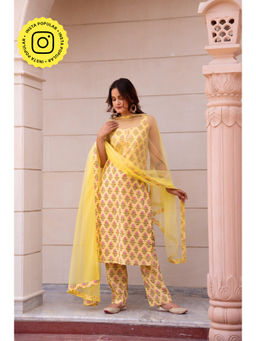 POMCHA - Kapaas Lemon Yellow Floral Sleeveless Kurta with Pant and Dupatta (Set of 3)