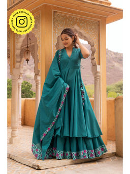 POMCHA - Gaurangi Teal Green Angrakha Kurta with Lehenga and Dupatta (Set of 3)