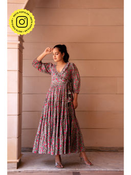 POMCHA - Grey Kapaas Floral Ruffle Maxi Dress