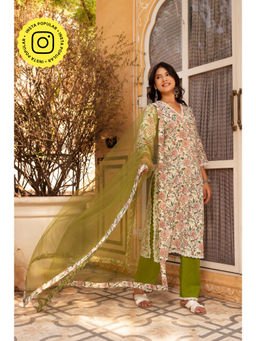 POMCHA - Gaurangi Floral Print Cotton Green Kurta with Pant and Dupatta (Set of 3)