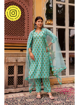 POMCHA - Gaurangi Turquoise Green Cotton Printed Kurta with Pant and Dupatta (Set of 3)