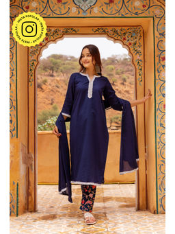 POMCHA - Gaurangi Navy Blue Pant Cotton Anarkali Kurta with Pant and Dupatta (Set of 3)