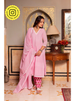POMCHA - Gaurangi Pink Printed Pant Cotton Kurta with Pant and Dupatta (Set of 3)