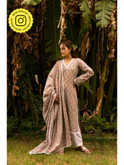 POMCHA - Gaurangi Brown Phool Jaal Cotton Kurta with Pant and Dupatta (Set of 3)