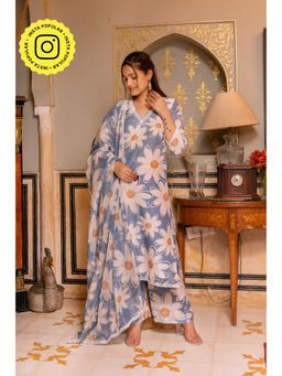 POMCHA - Gaurangi White Phool Powder Blue Muslin Kurta with Palazzo and Dupatta (Set of 3)
