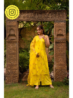 POMCHA - Gaurangi Ira Yellow Embroidery Kurta with Palazzo and Dupatta (Set of 3)