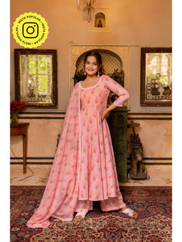 POMCHA - Gaurangi Rutvi Pink Muslin Printed Anarkali Kurta with Palazzo and Dupatta (Set of 3)