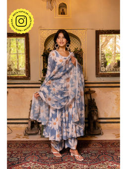 POMCHA - Gaurangi White Phool Powder Blue Anarkali Kurta with Palazzo and Dupatta (Set of 3)