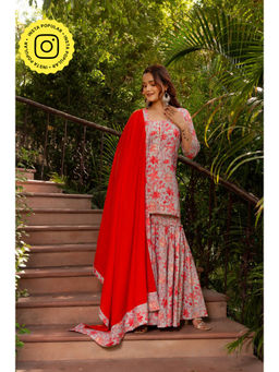 POMCHA - Gaurangi Powder Red Floral Print Cotton Sharara with Kurti and Dupatta (Set of 3)
