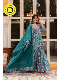 POMCHA - Gaurangi Kanchan Blue Printed Sharara with Kurti and Dupatta (Set of 3)