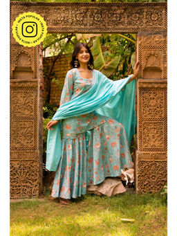 POMCHA - Gaurangi Chatak Blue Cotton Sharara with Kurti and Dupatta (Set of 3)
