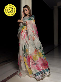 POMCHA - Organza Silk Off White Saree With Unstitched Blouse