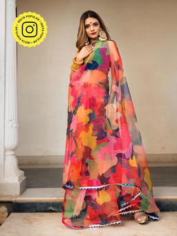 POMCHA - Multi-Color Organza Printed Saree With Unstitched Blouse