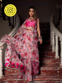 POMCHA - Pink Lotus Organza Saree With Unstitched Blouse