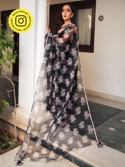 POMCHA - Snowdrop Black Printed Organza Saree With Unstitched Blouse