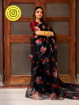 POMCHA - Black & Red Organza Saree With Unstitched Blouse