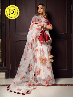 POMCHA - Red And White Organza Saree With Unstitched Blouse