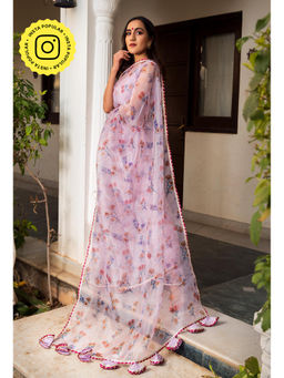 POMCHA - Aster Lavender Organza Printed Saree With Unstitched Blouse