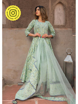 POMCHA - Aqua Green Hand Block Print Anarkali (Set of 3)