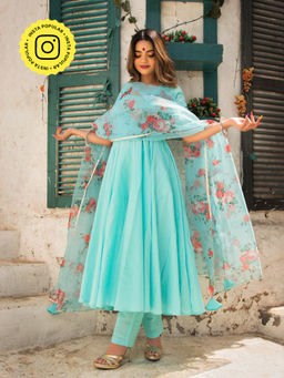 POMCHA - Blue Berry Pure Cotton Anarkali With Organza Dupatta (Set of 3)