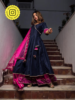 POMCHA - Royal Blue Rani Pink Cotton Silk Angrakha (Set of 3)