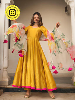 POMCHA - Sunflower Cotton Silk Yellow Anarkali (Set of 3)
