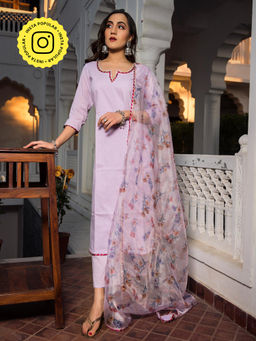 POMCHA - Lavender Pure Cotton Straight Kurta (Set of 3)