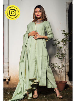 POMCHA - Olive Green Cotton Straight Kurta (Set of 3)