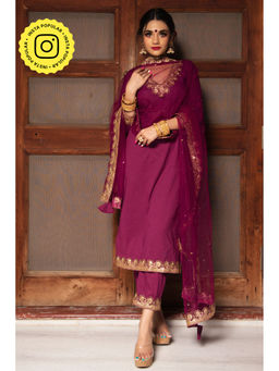 POMCHA - Plum Cotton Straight Kurta (Set of 3)