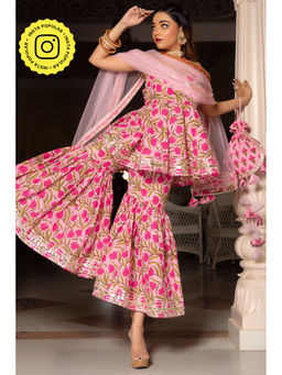 POMCHA - Nazakat Pink Cotton Hand Block Sharara (Set of 3)