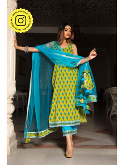 POMCHA - Gulzar Blue Hand Block Cotton Suit (Set of 3)