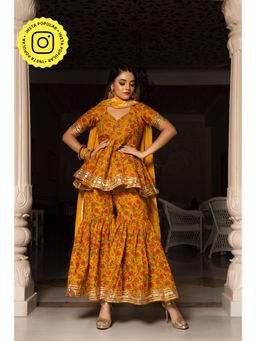 POMCHA - Darpan Mustard Yellow Hand Block Cotton Sharara (Set of 3)