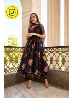 POMCHA - Red And Black Organza Anarkali (Set of 3)