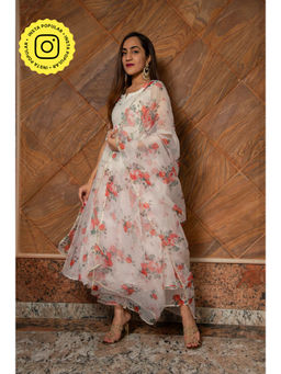 POMCHA - Red And White Floral Organza Anarkali (Set of 3)