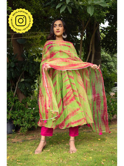 POMCHA - Tie And Dye Green Organza Anarkali Kurta with Pant & Dupatta (Set of 3)